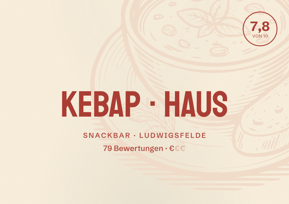 Illustriertes Poster von Kebap Haus, Snackbar in Ludwigsfelde: Bewertung 7,8 von 10 aus 79 Bewertungen, Preisniveau €