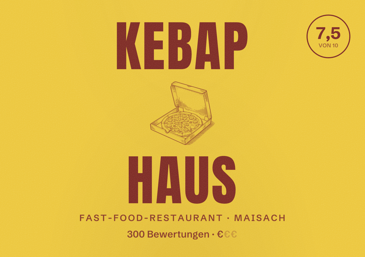 Illustriertes Poster von Kebap Haus, Fast-Food-Restaurant in Maisach: Bewertung 7,5 von 10 aus 300 Bewertungen, Preisniveau €