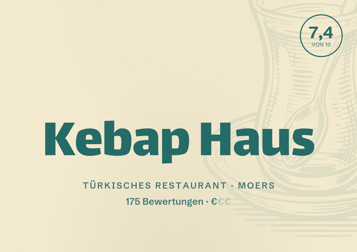 Illustriertes Poster von Kebap Haus, Türkisches Restaurant in Moers: Bewertung 7,4 von 10 aus 175 Bewertungen, Preisniveau €