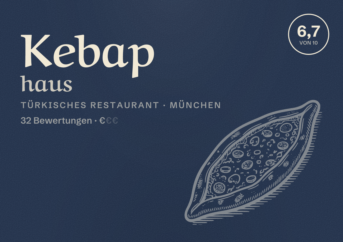 Illustriertes Poster von Kebap haus, Türkisches Restaurant in München: Bewertung 6,7 von 10 aus 32 Bewertungen, Preisniveau €
