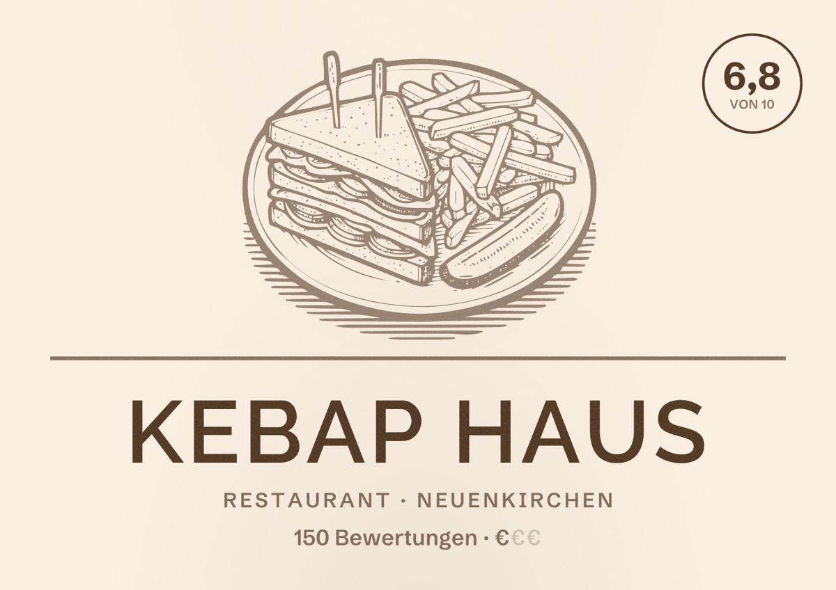 Illustriertes Poster von Kebap Haus, Restaurant in Neuenkirchen: Bewertung 6,8 von 10 aus 150 Bewertungen, Preisniveau €