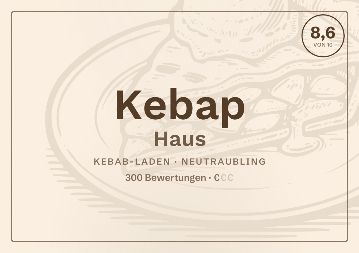 Illustriertes Poster von Kebap Haus, Kebab-Laden in Neutraubling: Bewertung 8,6 von 10 aus 300 Bewertungen, Preisniveau €