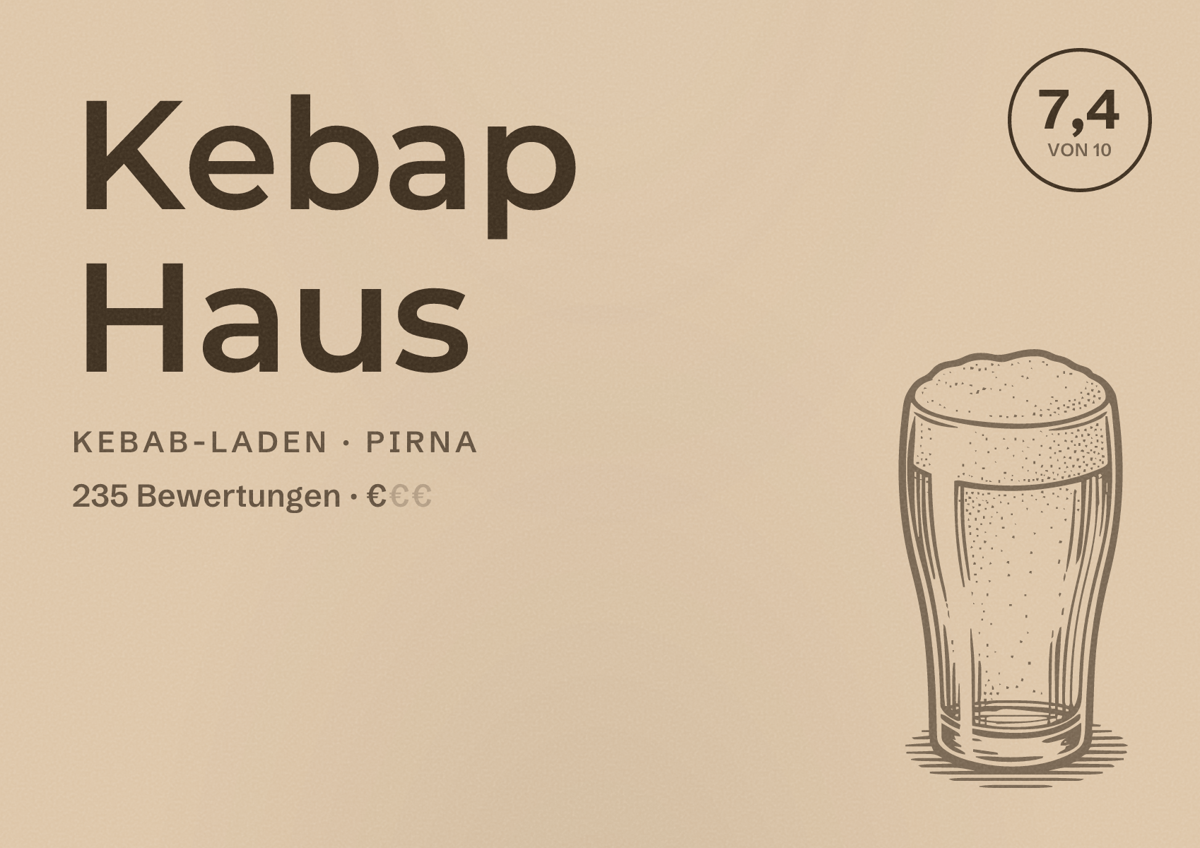 Illustriertes Poster von Kebap Haus, Kebab-Laden in Pirna: Bewertung 7,4 von 10 aus 235 Bewertungen, Preisniveau €