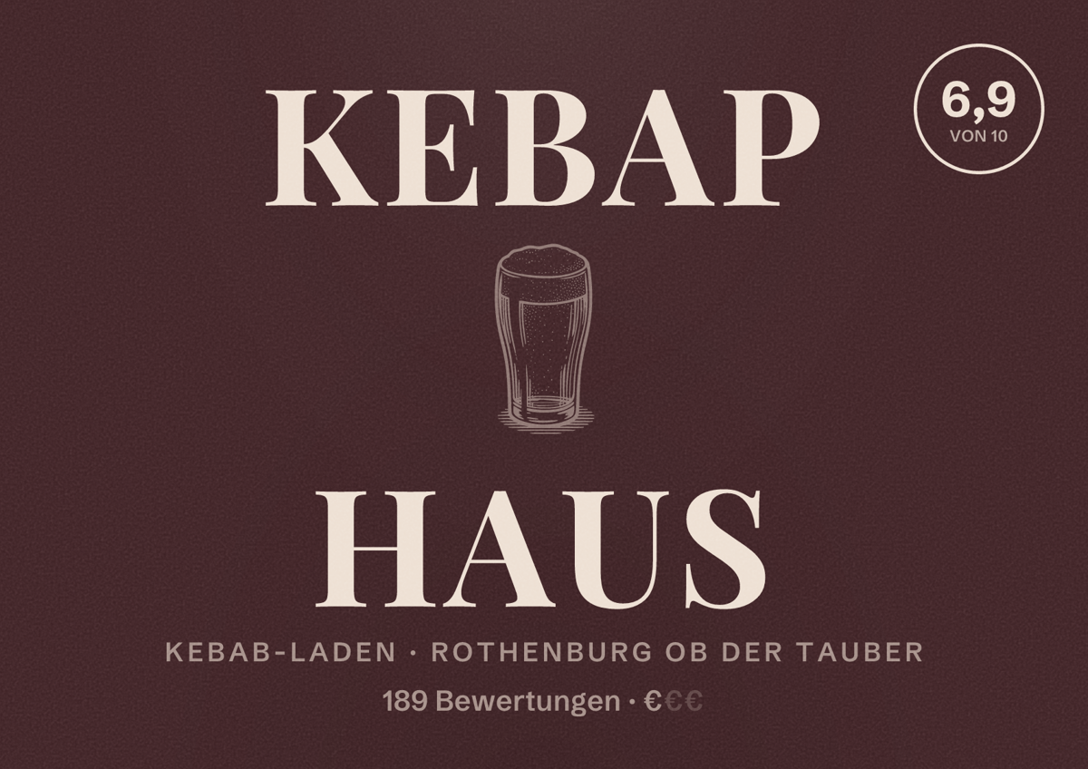 Illustriertes Poster von Kebap Haus, Kebab-Laden in Rothenburg ob der Tauber: Bewertung 6,9 von 10 aus 189 Bewertungen, Preisniveau €