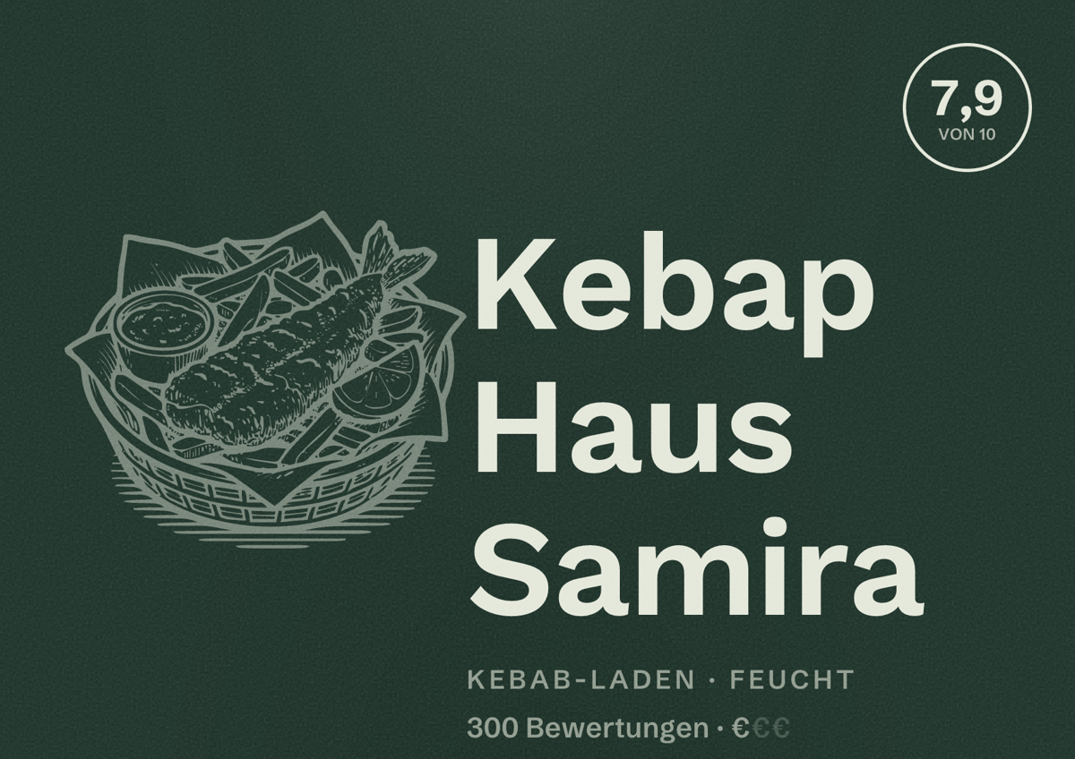 Illustriertes Poster von Kebap Haus Samira, Kebab-Laden in Feucht: Bewertung 7,9 von 10 aus 300 Bewertungen, Preisniveau €