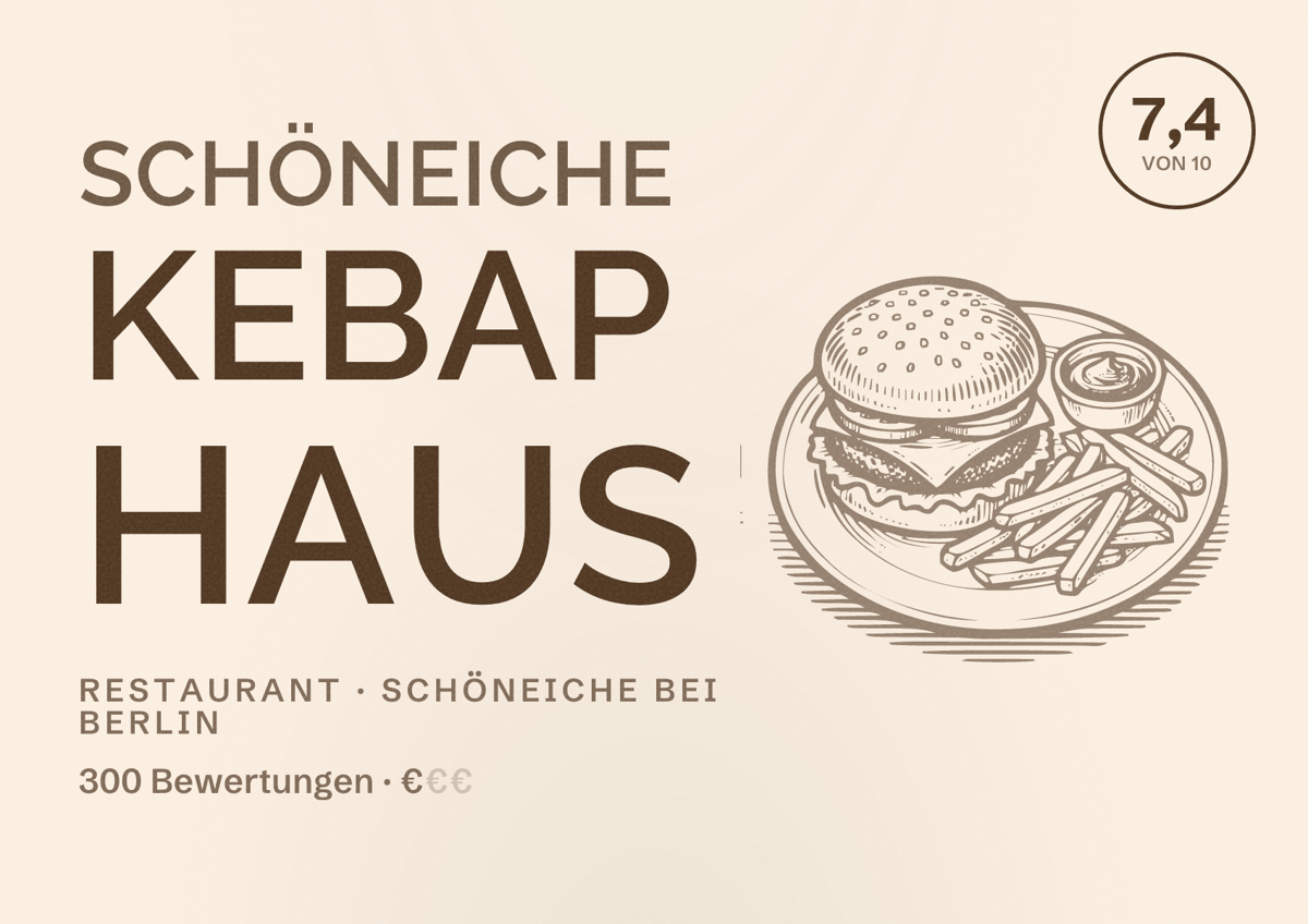Illustriertes Poster von Schöneiche Kebap Haus, Restaurant in Schöneiche bei Berlin: Bewertung 7,4 von 10 aus 300 Bewertungen, Preisniveau €