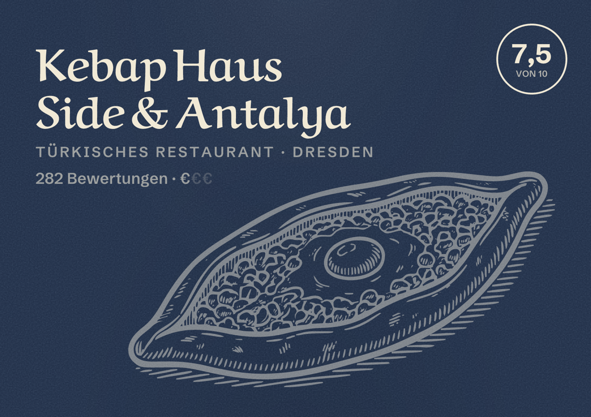 Illustriertes Poster von Kebap Haus Side & Antalya, Türkisches Restaurant in Dresden: Bewertung 7,5 von 10 aus 282 Bewertungen, Preisniveau €