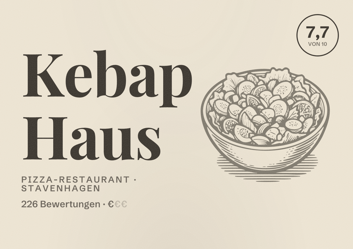 Illustriertes Poster von Kebap Haus, Pizza-Restaurant in Stavenhagen: Bewertung 7,7 von 10 aus 226 Bewertungen, Preisniveau €