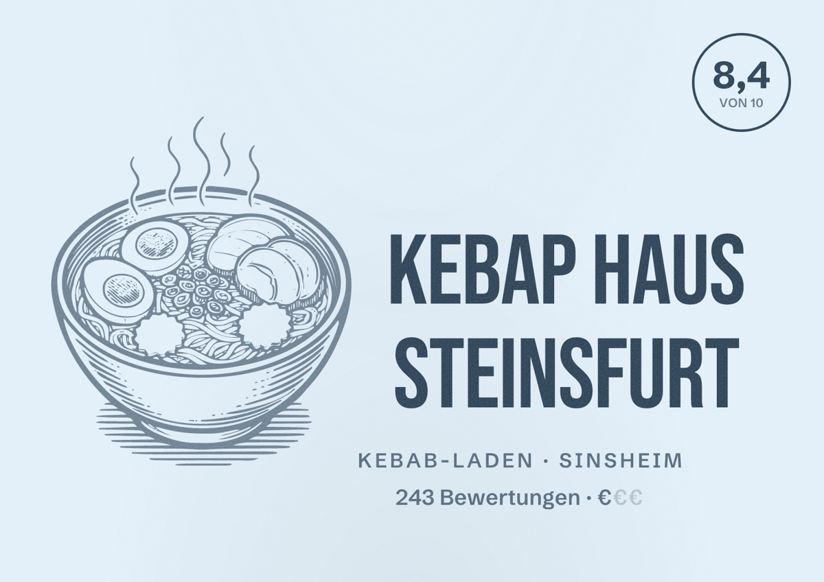 Illustriertes Poster von Kebap Haus Steinsfurt, Kebab-Laden in Sinsheim: Bewertung 8,4 von 10 aus 243 Bewertungen, Preisniveau €