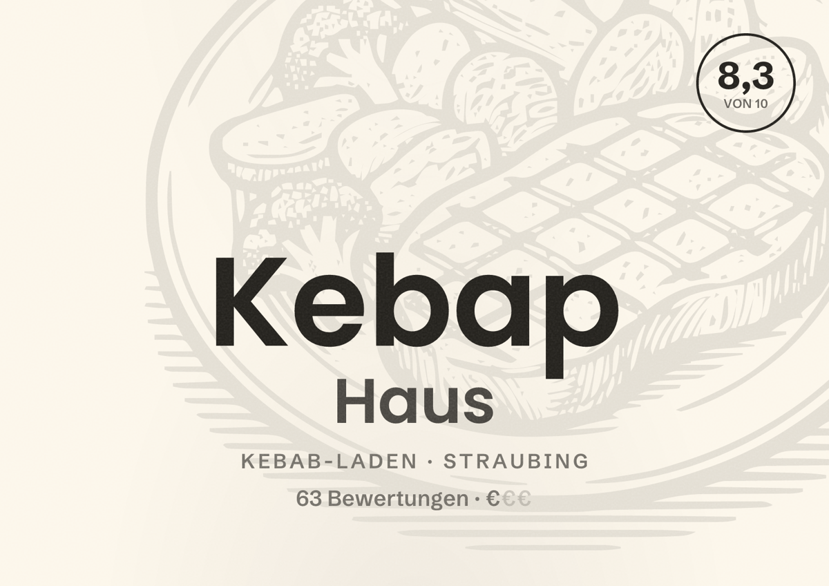 Illustriertes Poster von Kebap Haus, Kebab-Laden in Straubing: Bewertung 8,3 von 10 aus 63 Bewertungen, Preisniveau €