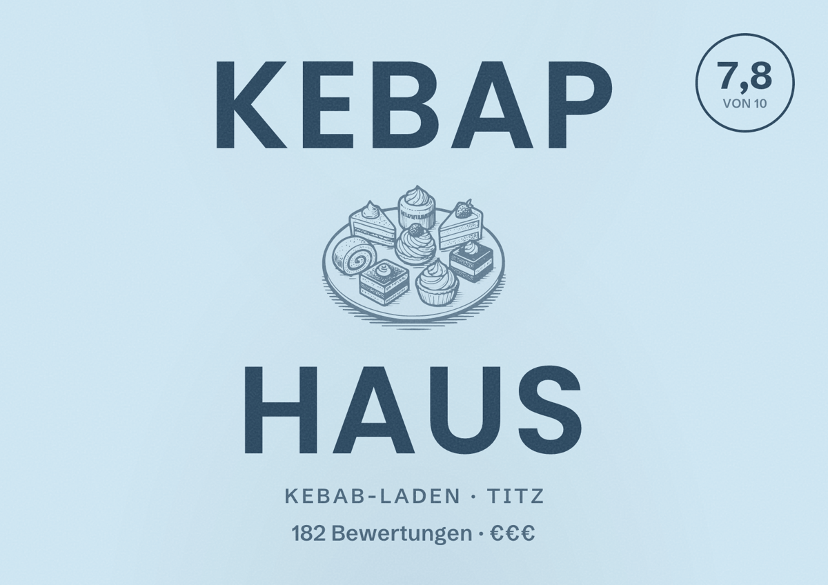 Illustriertes Poster von Kebap Haus, Kebab-Laden in Titz: Bewertung 7,8 von 10 aus 182 Bewertungen, Preisniveau €€€