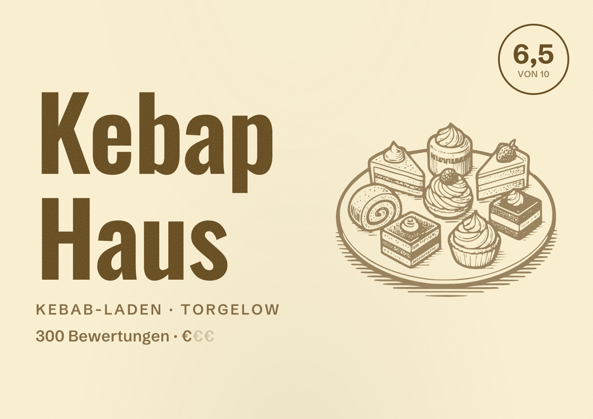 Illustriertes Poster von Kebap Haus, Kebab-Laden in Torgelow: Bewertung 6,5 von 10 aus 300 Bewertungen, Preisniveau €