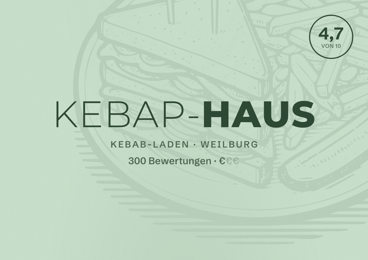Illustriertes Poster von Kebap-Haus, Kebab-Laden in Weilburg: Bewertung 4,7 von 10 aus 300 Bewertungen, Preisniveau €