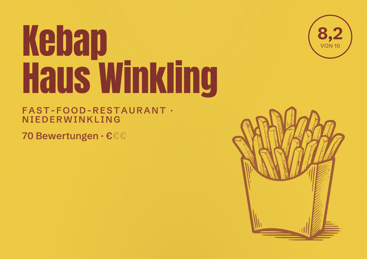 Illustriertes Poster von Kebap Haus Winkling, Fast-Food-Restaurant in Niederwinkling: Bewertung 8,2 von 10 aus 70 Bewertungen, Preisniveau €