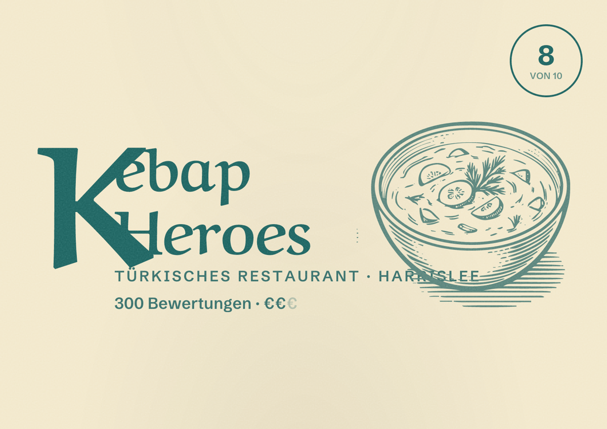 Illustriertes Poster von Kebap Heroes, Türkisches Restaurant in Harrislee: Bewertung 8 von 10 aus 300 Bewertungen, Preisniveau €€
