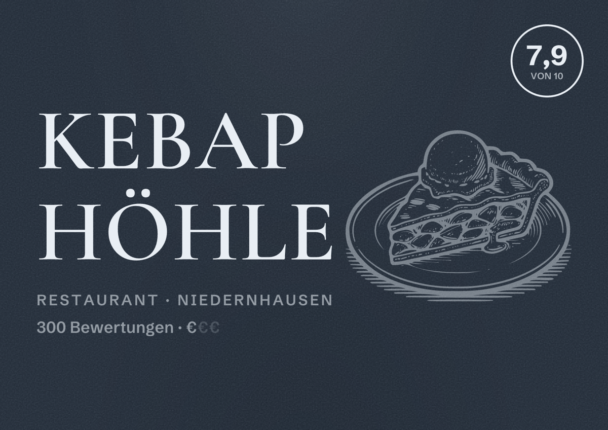 Illustriertes Poster von Kebap Höhle, Restaurant in Niedernhausen: Bewertung 7,9 von 10 aus 300 Bewertungen, Preisniveau €