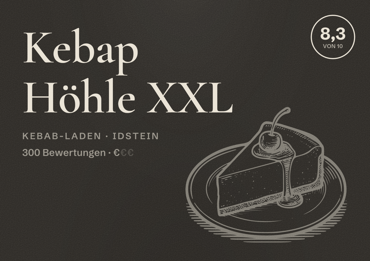 Illustriertes Poster von Kebap Höhle XXL, Kebab-Laden in Idstein: Bewertung 8,3 von 10 aus 300 Bewertungen, Preisniveau €