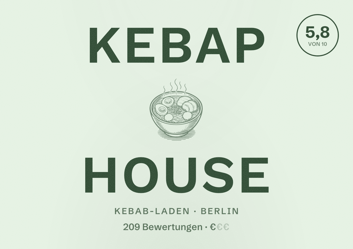 Illustriertes Poster von Kebap House, Kebab-Laden in Berlin: Bewertung 5,8 von 10 aus 209 Bewertungen, Preisniveau €