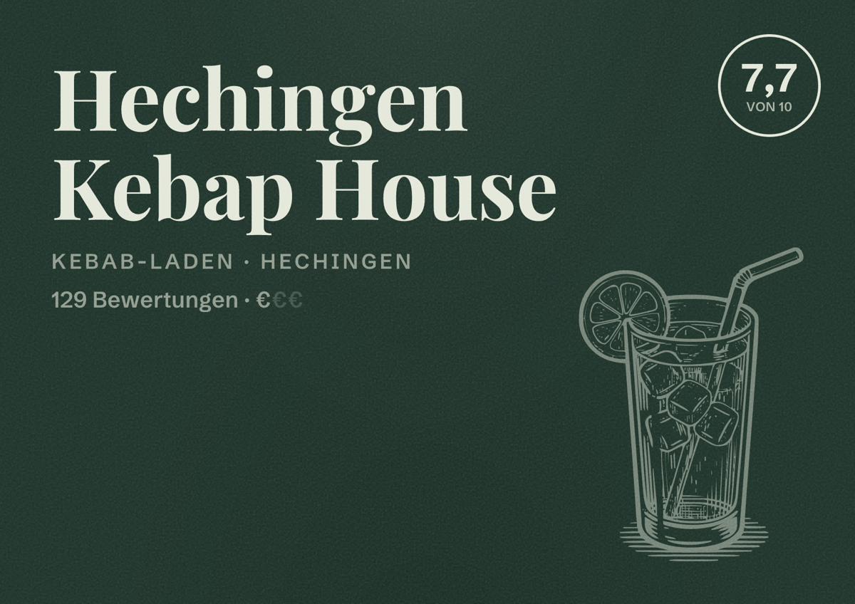 Illustriertes Poster von Hechingen Kebap House, Kebab-Laden in Hechingen: Bewertung 7,7 von 10 aus 129 Bewertungen, Preisniveau €