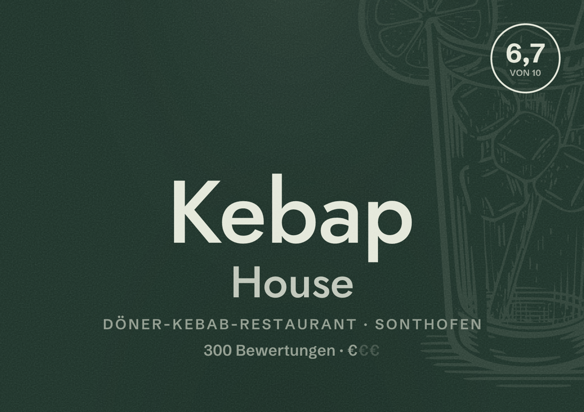 Illustriertes Poster von Kebap House, Döner-Kebab-Restaurant in Sonthofen: Bewertung 6,7 von 10 aus 300 Bewertungen, Preisniveau €