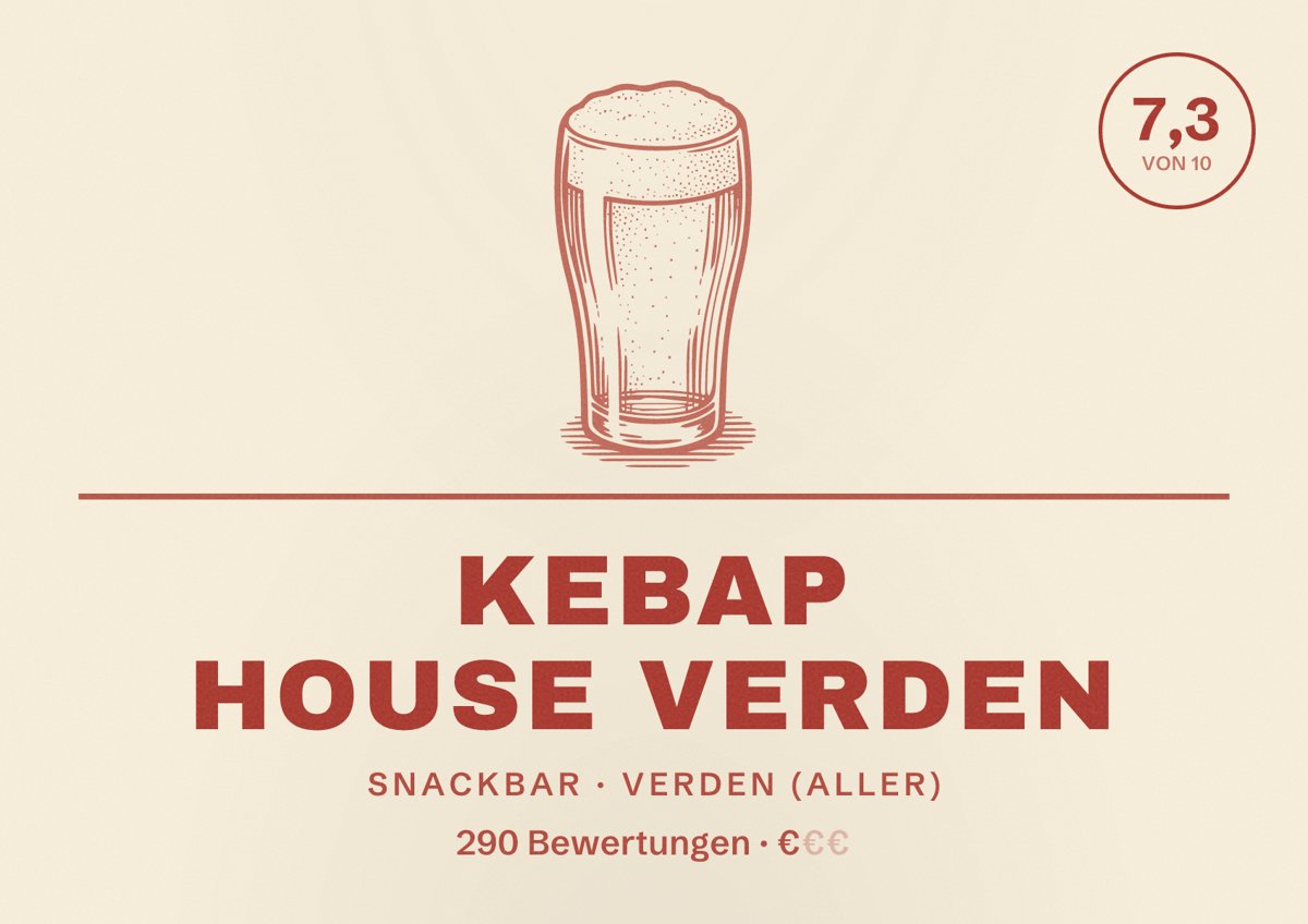 Illustriertes Poster von Kebap House Verden, Snackbar in Verden (Aller): Bewertung 7,3 von 10 aus 290 Bewertungen, Preisniveau €