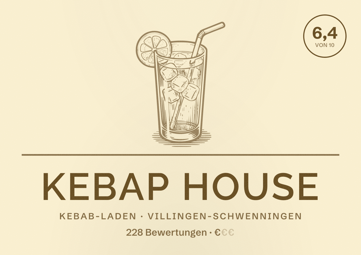 Illustriertes Poster von Kebap House, Kebab-Laden in Villingen-Schwenningen: Bewertung 6,4 von 10 aus 228 Bewertungen, Preisniveau €