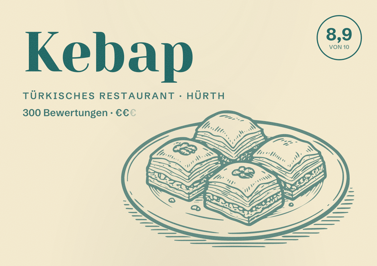 Illustriertes Poster von Kebap, Türkisches Restaurant in Hürth: Bewertung 8,9 von 10 aus 300 Bewertungen, Preisniveau €€