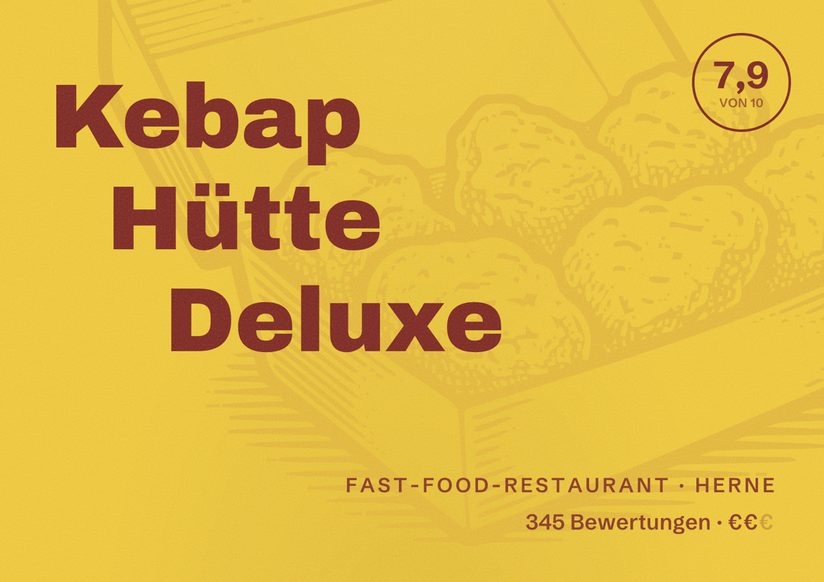 Illustriertes Poster von Kebap Hütte Deluxe, Fast-Food-Restaurant in Herne: Bewertung 7,9 von 10 aus 345 Bewertungen, Preisniveau €€
