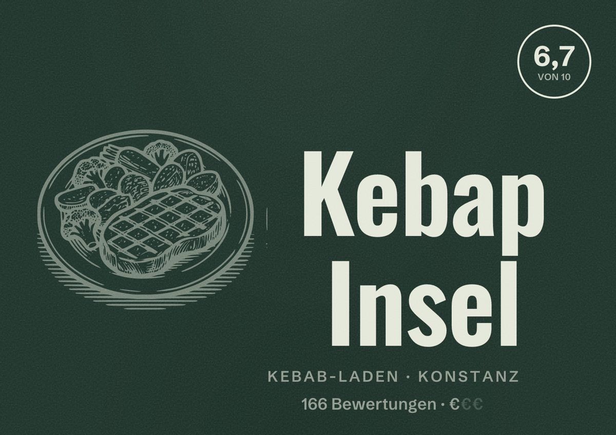 Illustriertes Poster von Kebap Insel, Kebab-Laden in Konstanz: Bewertung 6,7 von 10 aus 166 Bewertungen, Preisniveau €