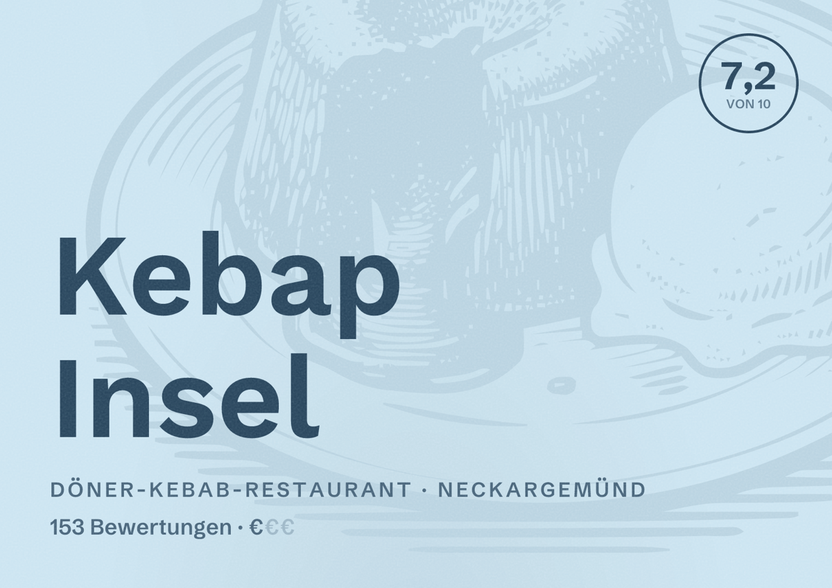 Illustriertes Poster von Kebap Insel, Döner-Kebab-Restaurant in Neckargemünd: Bewertung 7,2 von 10 aus 153 Bewertungen, Preisniveau €