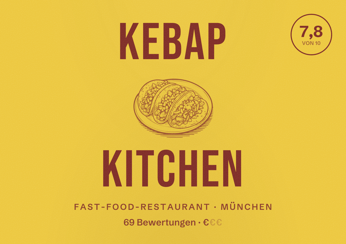 Illustriertes Poster von Kebap Kitchen, Fast-Food-Restaurant in München: Bewertung 7,8 von 10 aus 69 Bewertungen, Preisniveau €