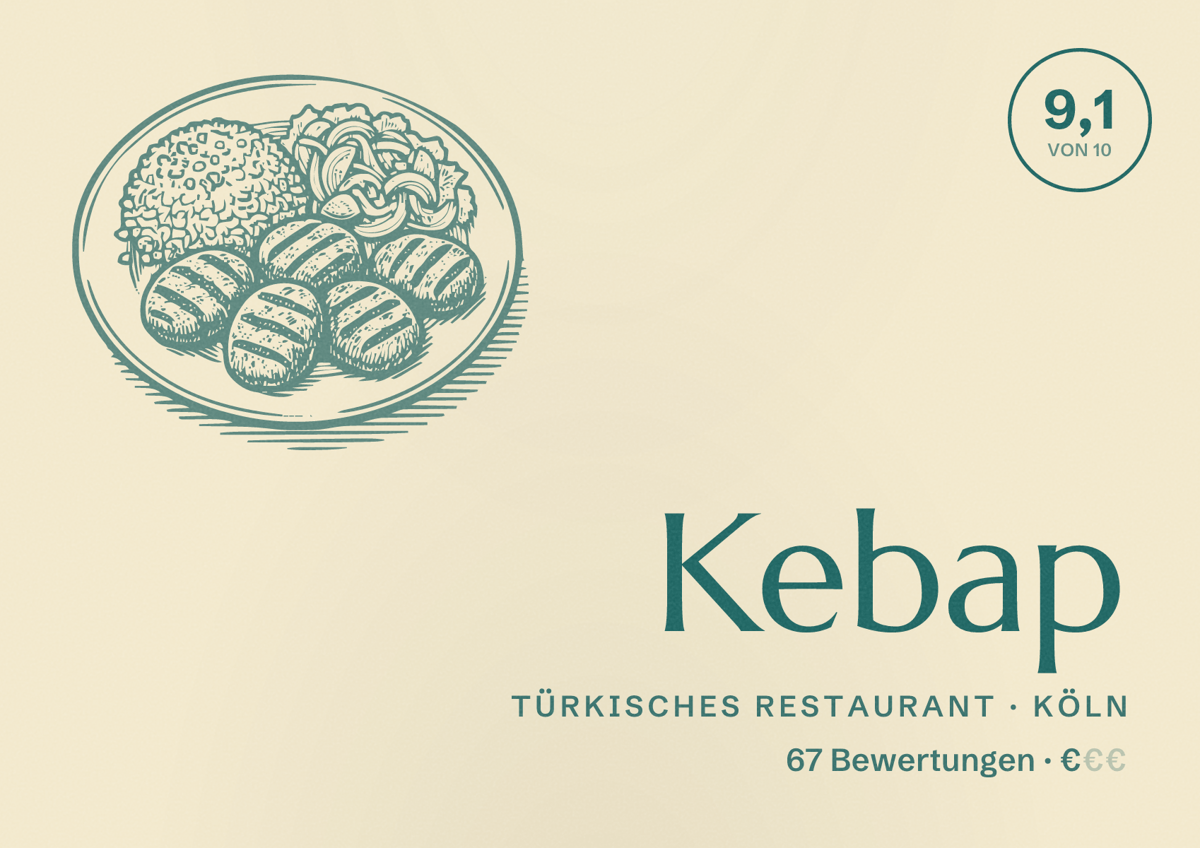 Illustriertes Poster von Kebap, Türkisches Restaurant in Köln: Bewertung 9,1 von 10 aus 67 Bewertungen, Preisniveau €