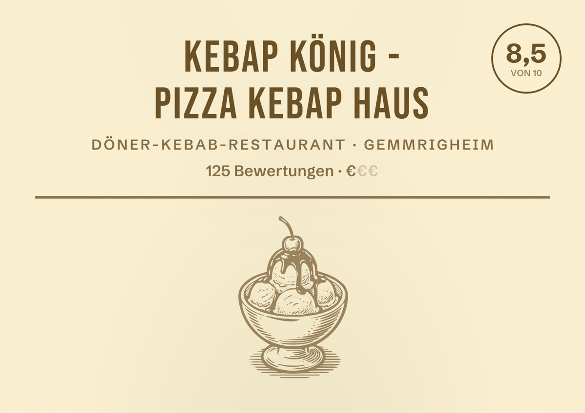 Illustriertes Poster von Kebap König - Pizza Kebap Haus, Döner-Kebab-Restaurant in Gemmrigheim: Bewertung 8,5 von 10 aus 125 Bewertungen, Preisniveau €