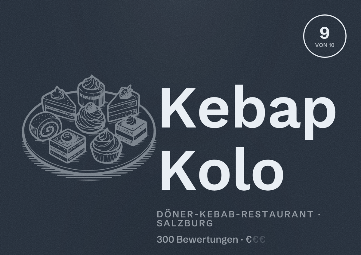 Illustriertes Poster von Kebap Kolo, Döner-Kebab-Restaurant in Salzburg: Bewertung 9 von 10 aus 300 Bewertungen, Preisniveau €