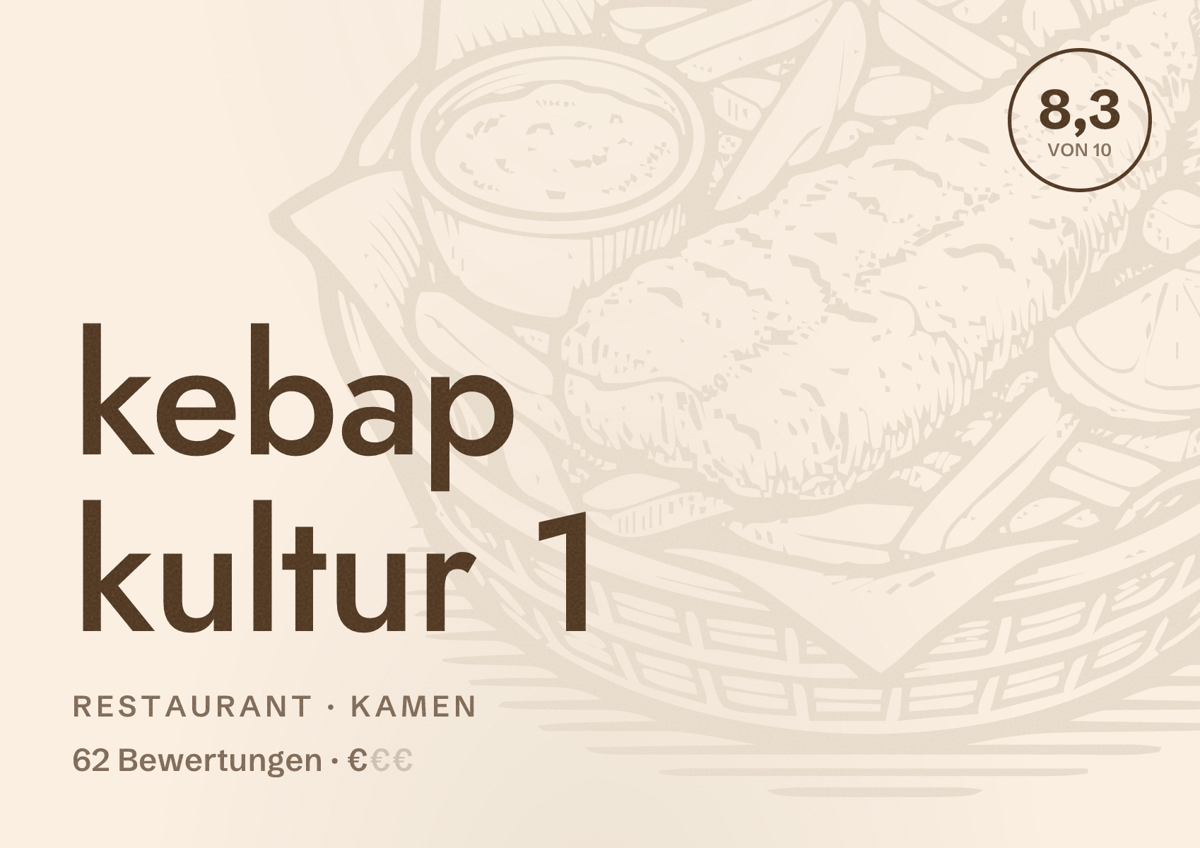 Illustriertes Poster von kebap kultur 1, Restaurant in Kamen: Bewertung 8,3 von 10 aus 62 Bewertungen, Preisniveau €