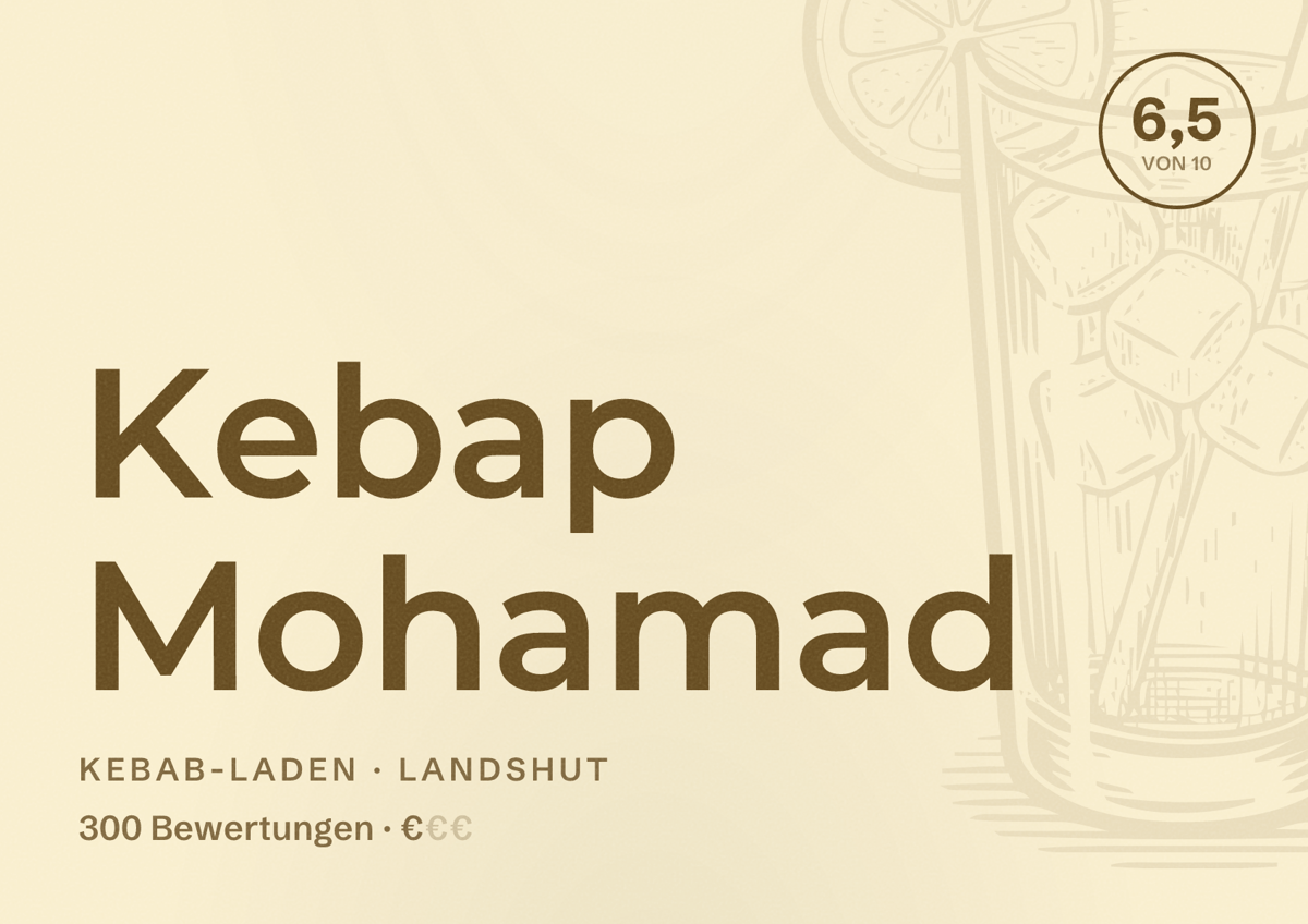 Illustriertes Poster von Kebap Mohamad, Kebab-Laden in Landshut: Bewertung 6,5 von 10 aus 300 Bewertungen, Preisniveau €