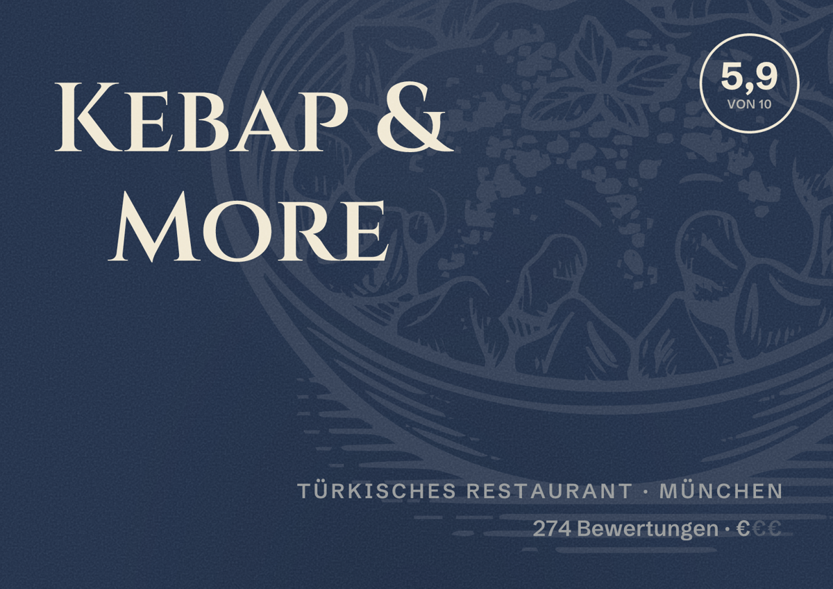 Illustriertes Poster von Kebap & More, Türkisches Restaurant in München: Bewertung 5,9 von 10 aus 274 Bewertungen, Preisniveau €