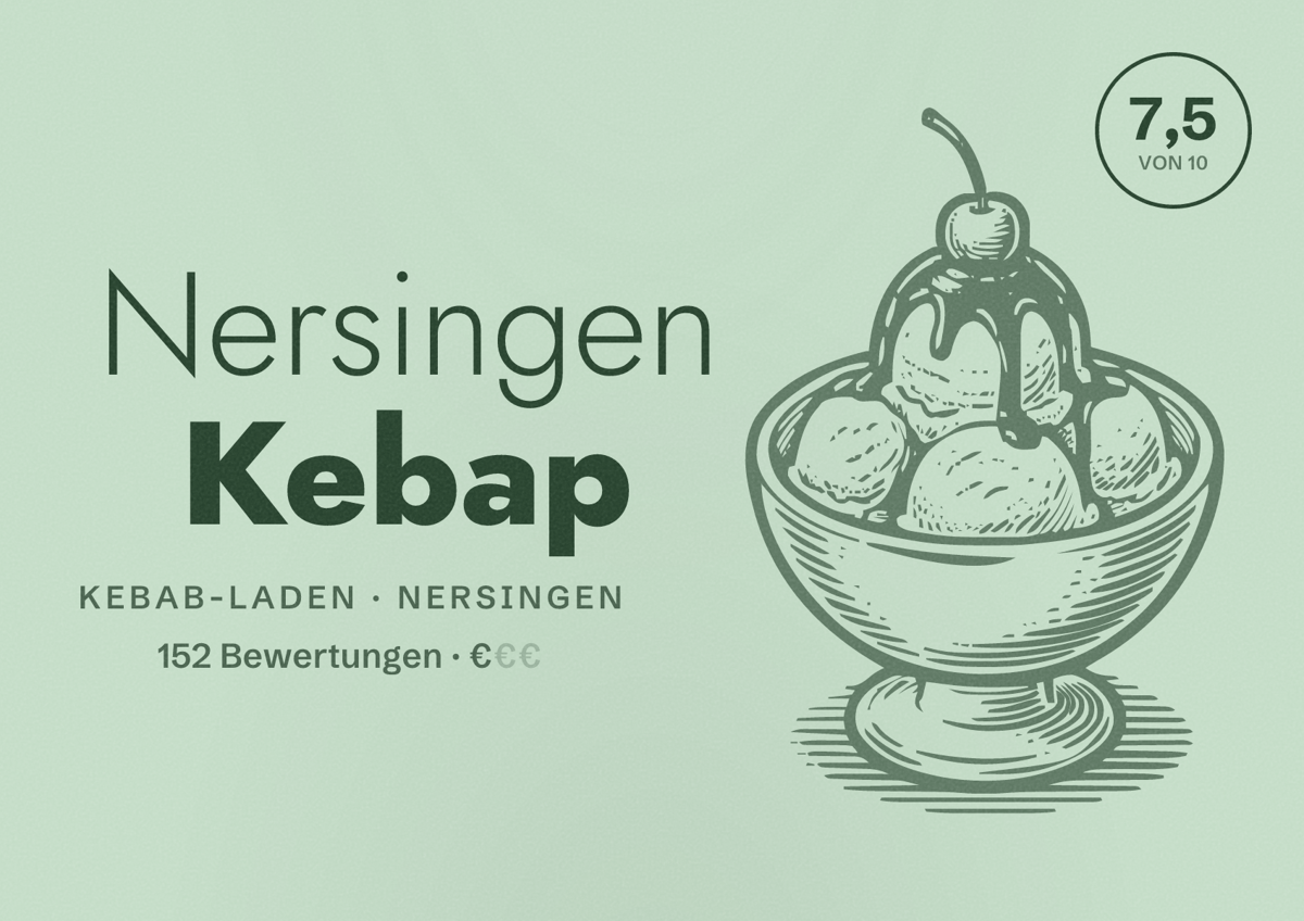 Illustriertes Poster von Nersingen Kebap, Kebab-Laden in Nersingen: Bewertung 7,5 von 10 aus 152 Bewertungen, Preisniveau €