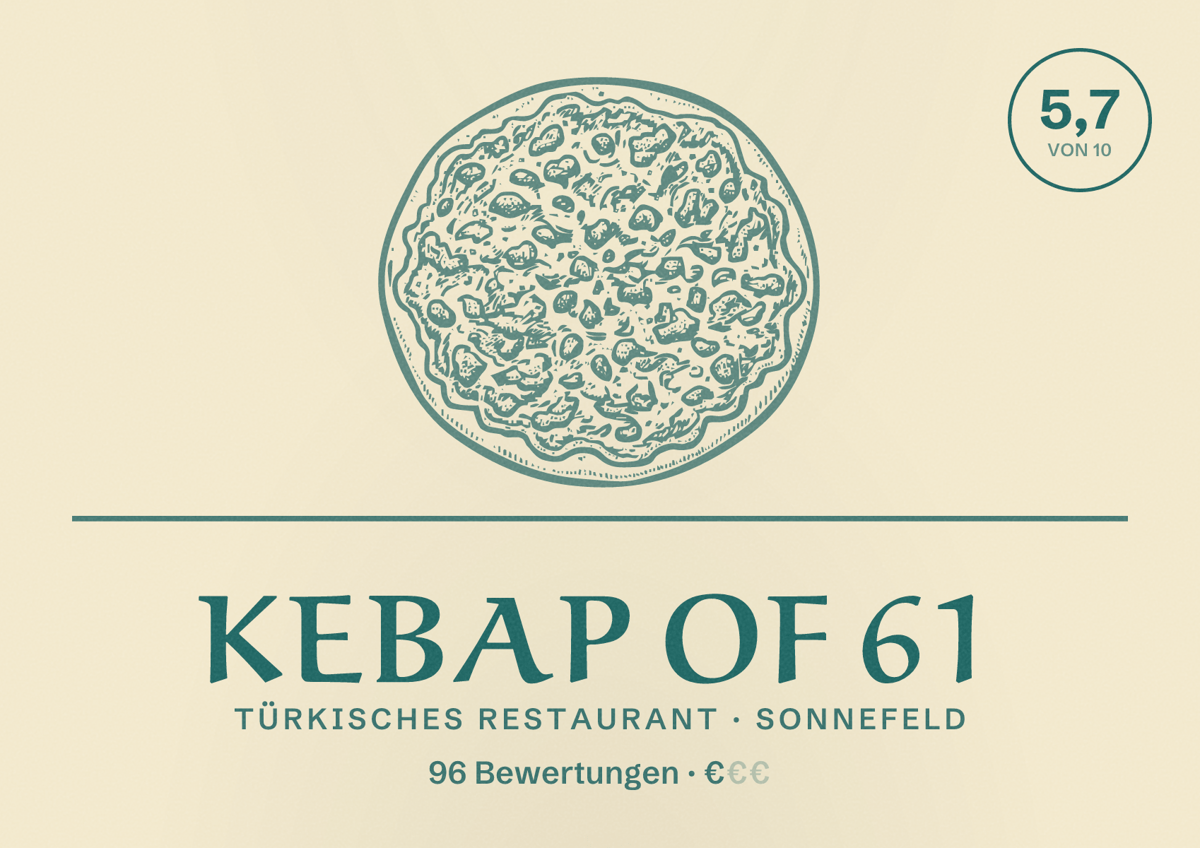 Illustriertes Poster von Kebap of 61, Türkisches Restaurant in Sonnefeld: Bewertung 5,7 von 10 aus 96 Bewertungen, Preisniveau €
