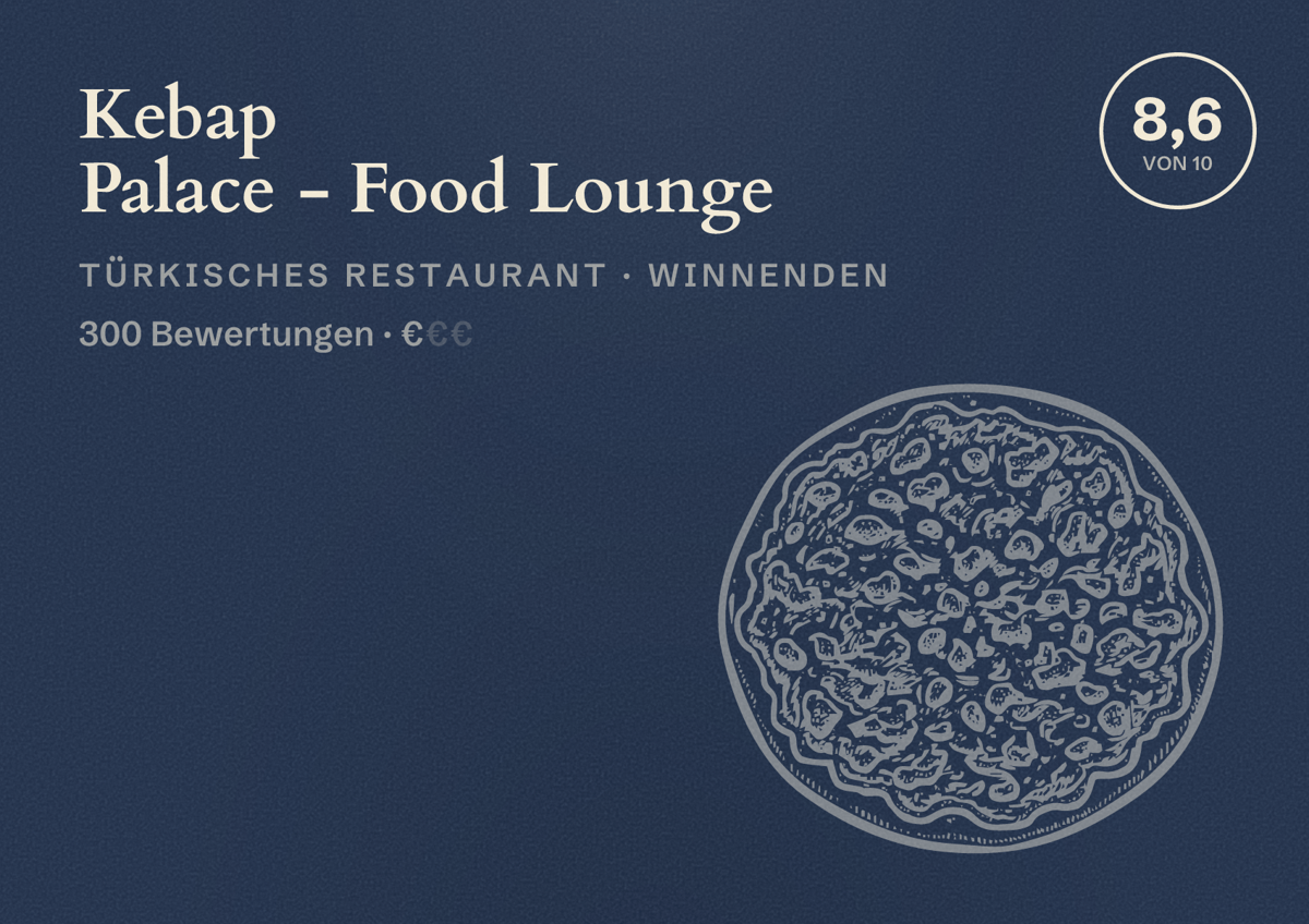 Illustriertes Poster von Kebap Palace - Food Lounge, Türkisches Restaurant in Winnenden: Bewertung 8,6 von 10 aus 300 Bewertungen, Preisniveau €