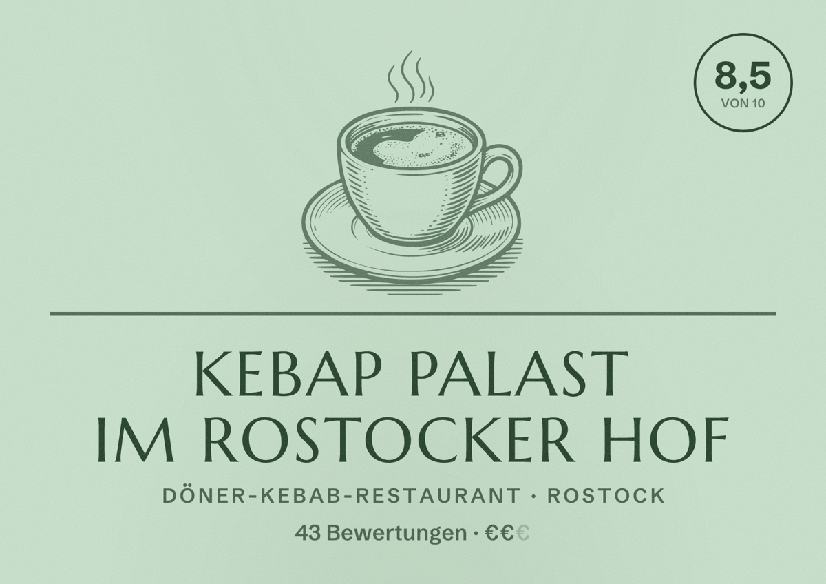 Illustriertes Poster von Kebap Palast im Rostocker Hof, Döner-Kebab-Restaurant in Rostock: Bewertung 8,5 von 10 aus 43 Bewertungen, Preisniveau €€