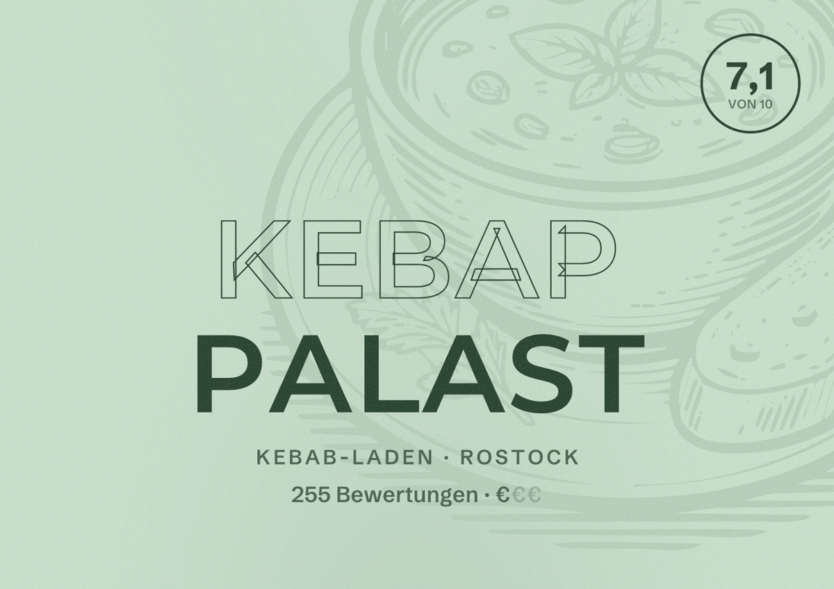 Illustriertes Poster von Kebap Palast, Kebab-Laden in Rostock: Bewertung 7,1 von 10 aus 255 Bewertungen, Preisniveau €
