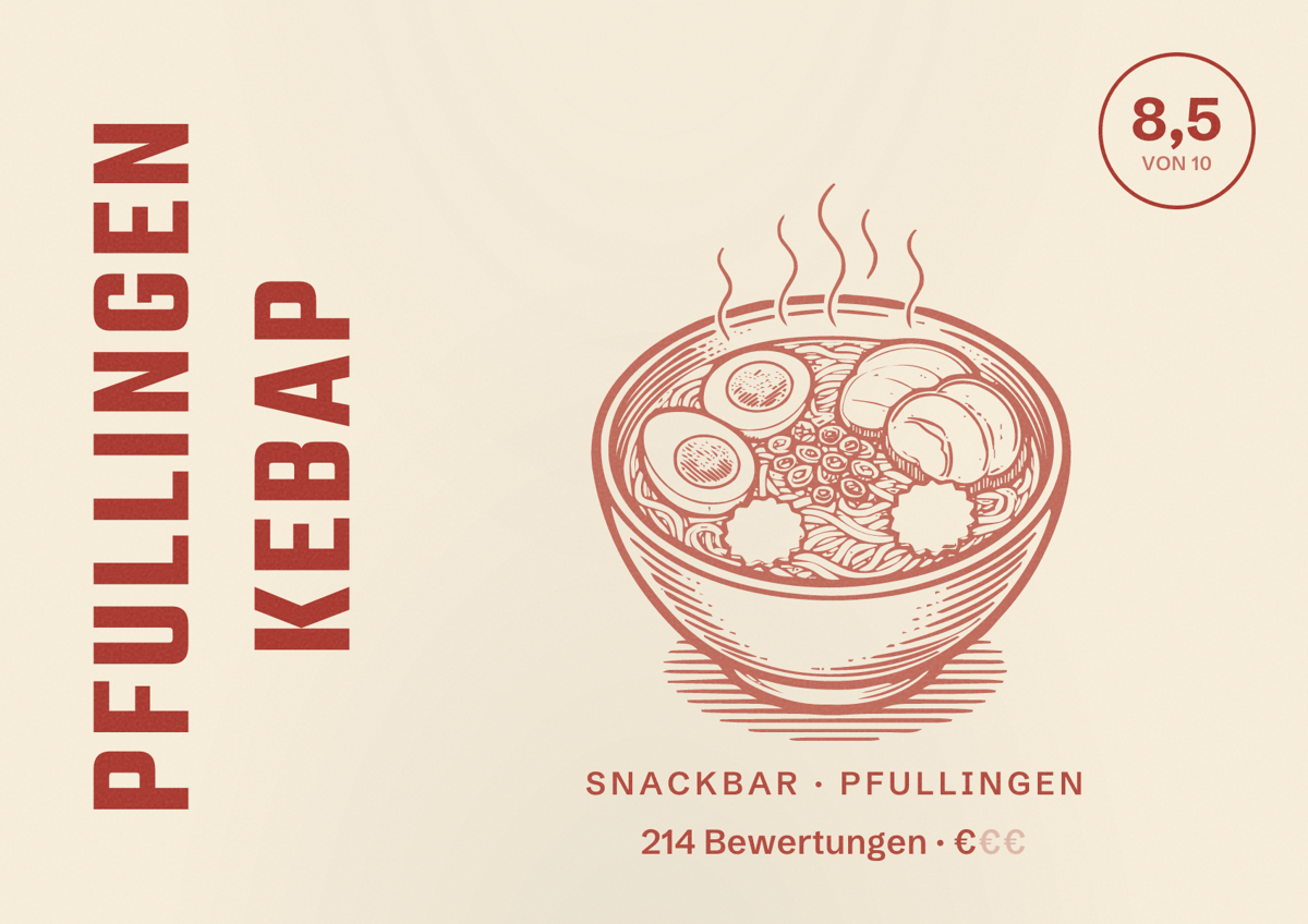 Illustriertes Poster von Pfullingen Kebap, Snackbar in Pfullingen: Bewertung 8,5 von 10 aus 214 Bewertungen, Preisniveau €
