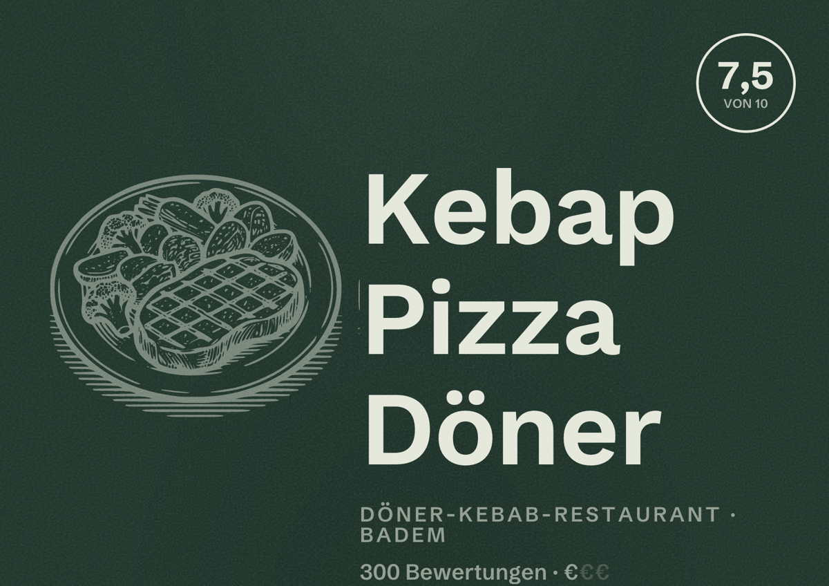 Illustriertes Poster von Kebap Pizza Döner, Döner-Kebab-Restaurant in Badem: Bewertung 7,5 von 10 aus 300 Bewertungen, Preisniveau €