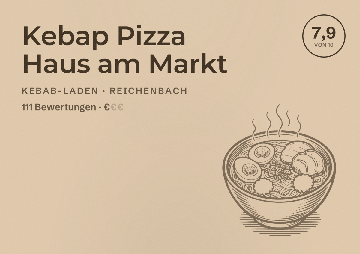 Illustriertes Poster von Kebap Pizza Haus am Markt, Kebab-Laden in Reichenbach: Bewertung 7,9 von 10 aus 111 Bewertungen, Preisniveau €