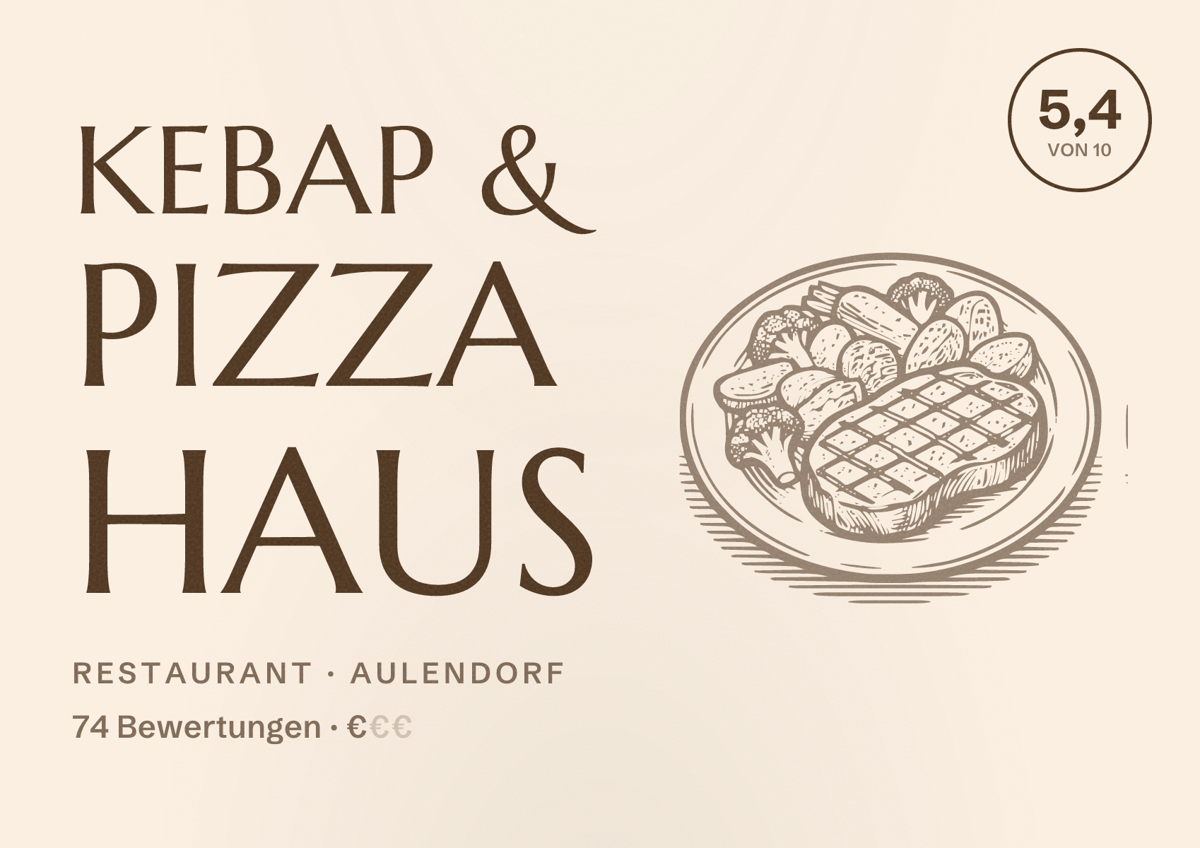 Illustriertes Poster von Kebap & Pizza Haus, Restaurant in Aulendorf: Bewertung 5,4 von 10 aus 74 Bewertungen, Preisniveau €