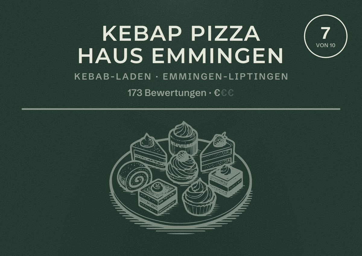 Illustriertes Poster von Kebap Pizza Haus Emmingen, Kebab-Laden in Emmingen-Liptingen: Bewertung 7 von 10 aus 173 Bewertungen, Preisniveau €