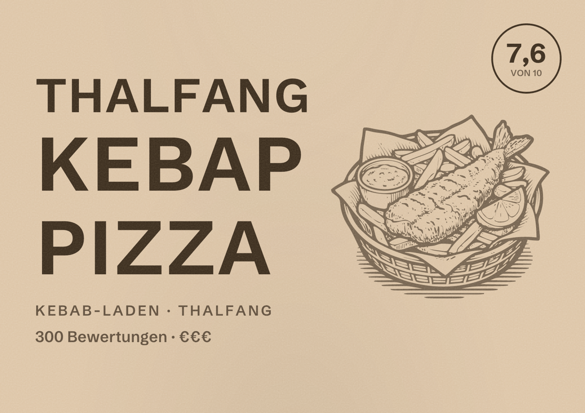Illustriertes Poster von Thalfang Kebap Pizza, Kebab-Laden in Thalfang: Bewertung 7,6 von 10 aus 300 Bewertungen, Preisniveau €€€