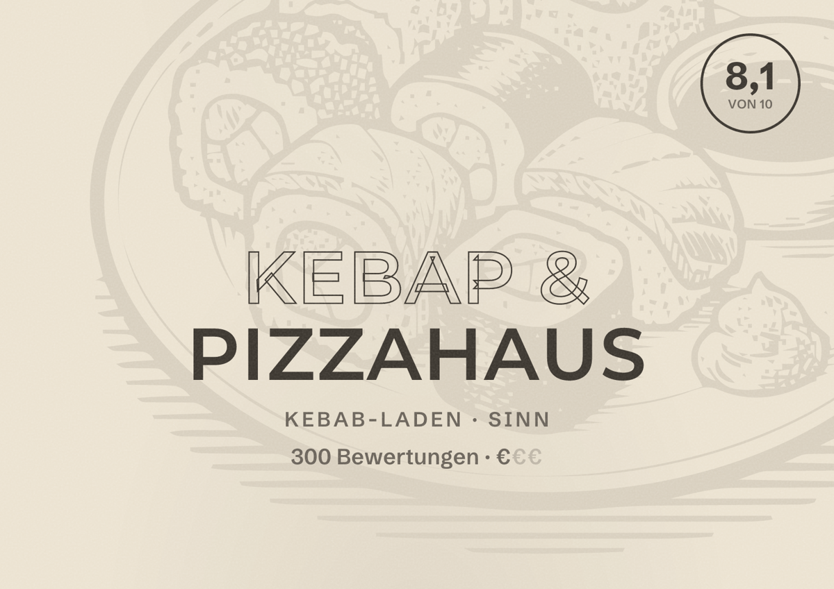 Illustriertes Poster von Kebap & Pizzahaus, Kebab-Laden in Sinn: Bewertung 8,1 von 10 aus 300 Bewertungen, Preisniveau €