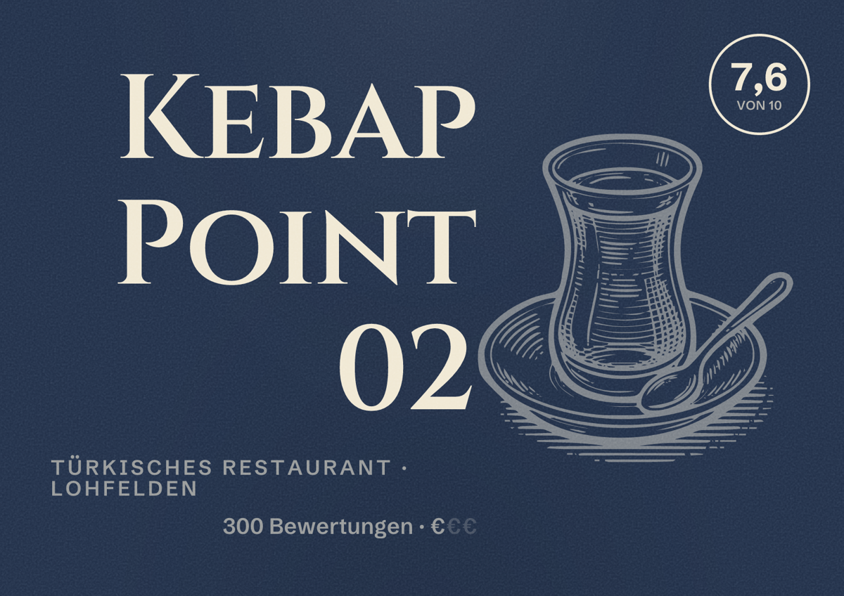 Illustriertes Poster von Kebap Point 02, Türkisches Restaurant in Lohfelden: Bewertung 7,6 von 10 aus 300 Bewertungen, Preisniveau €